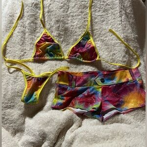 Rainbow Galaxy Triangle Bikini Top, V Back Thong & Matching Short Set
